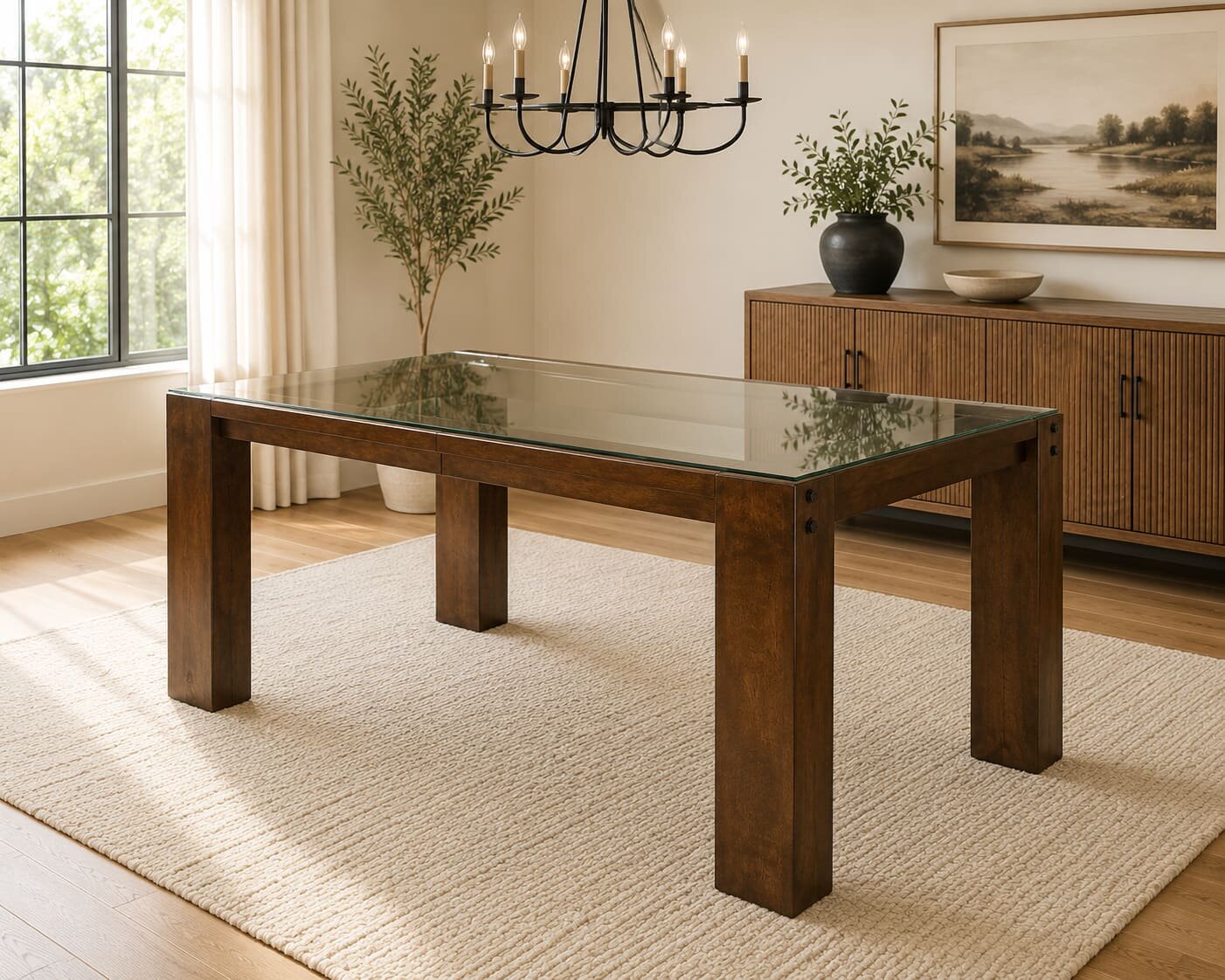 Canadel Cognac Washed Dining Glass Table with Legs