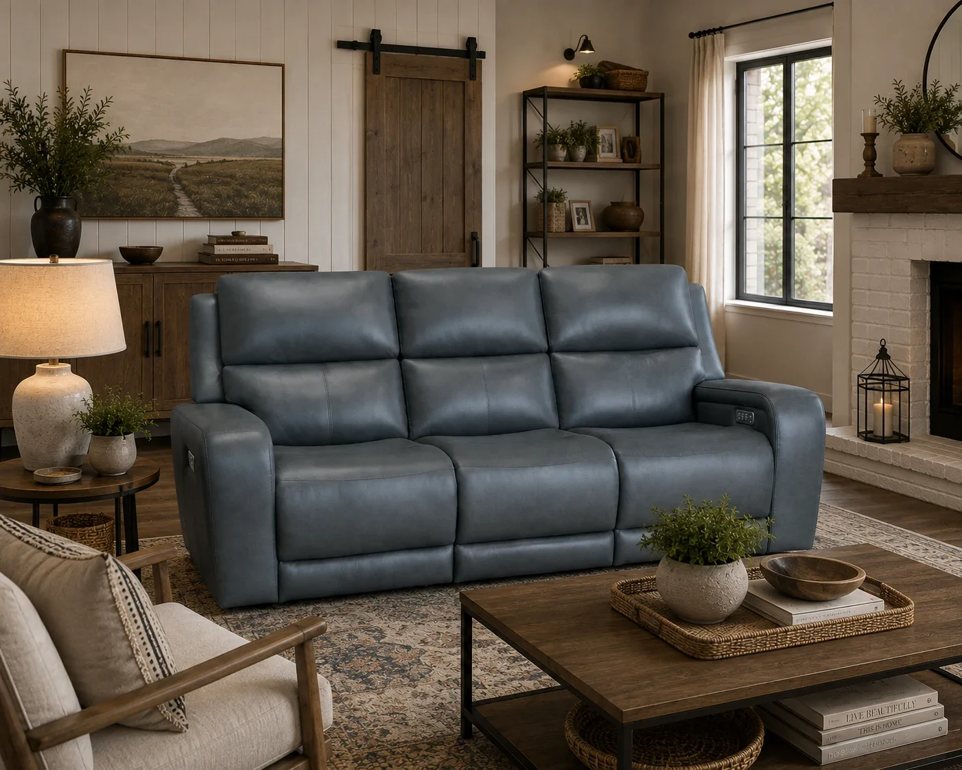 Oasis Storm Leather Power Reclining Sofa with Power Headrests, Lumbar, Heat & Massage
