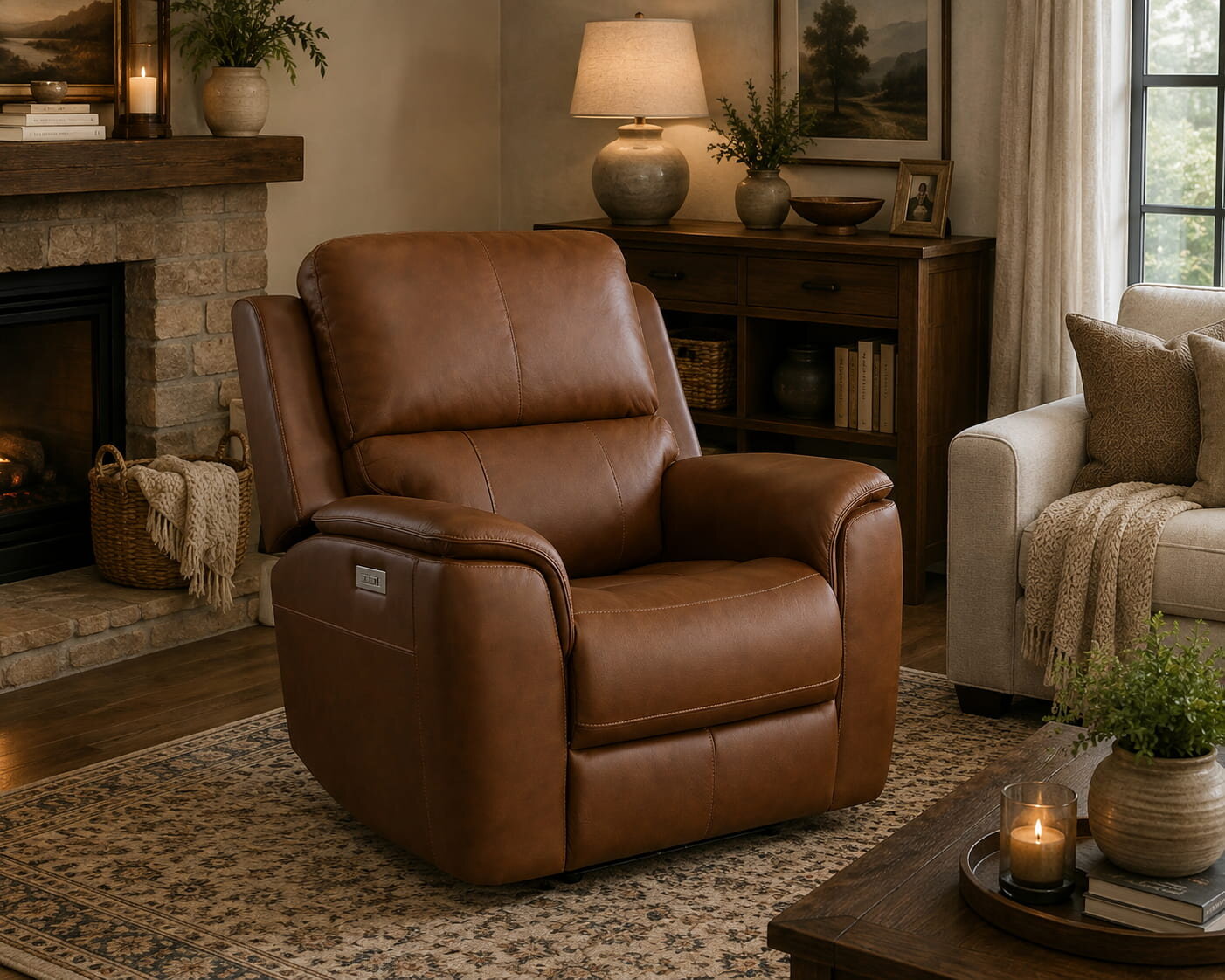 Henry Caramel Leather Power Recliner with Power Headrest & Lumbar