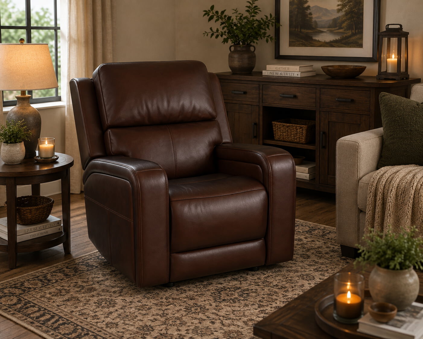 Oasis Truffle Leather Power Recliner with Power Headrest, Lumbar, Heat & Massage