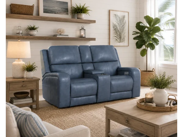 Oasis Storm Leather Power Reclining Loveseat with Console, Power Headrests, Lumbar, Heat & Massage