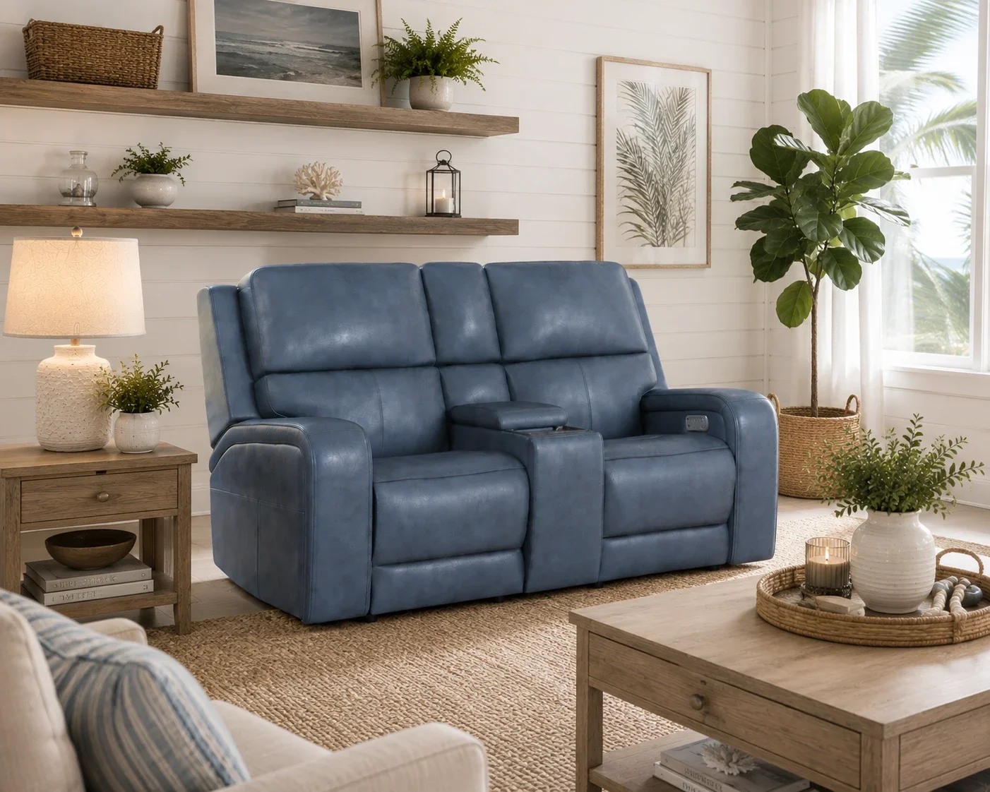 Oasis Storm Leather Power Reclining Loveseat with Console, Power Headrests, Lumbar, Heat & Massage