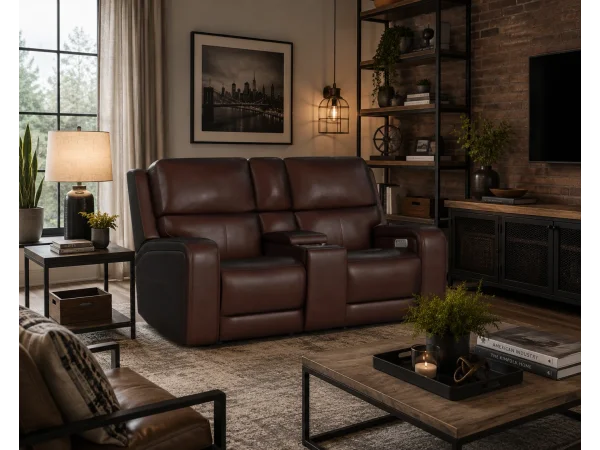Oasis Truffle Leather Power Reclining Loveseat with Console, Power Headrests, Lumbar, Heat & Massage